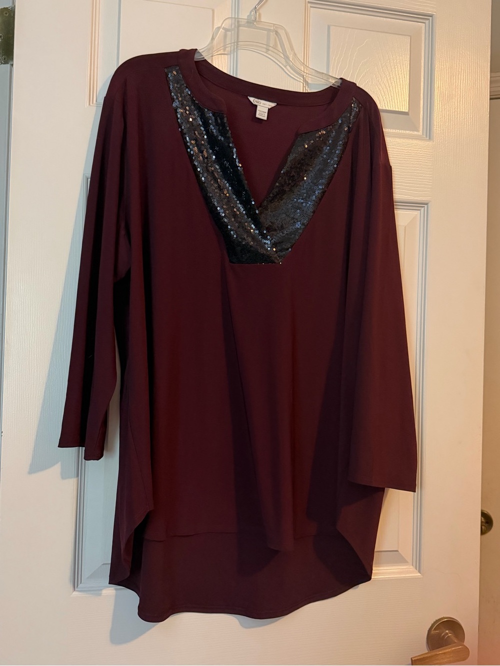 Cato Burgundy Tunic Top with Black Sequin V-Neck